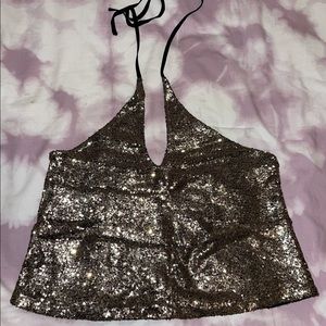 About Us Revolve Gold Sequin Halter Top